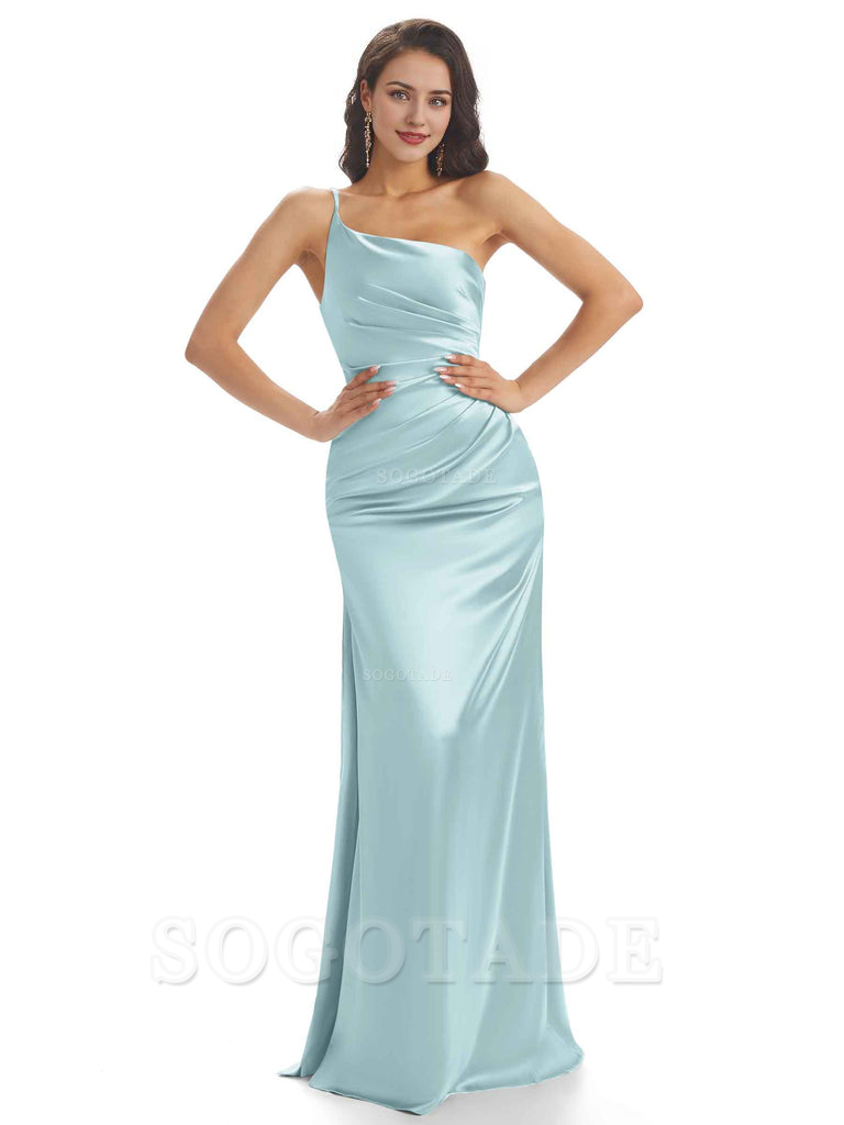 Sexy Soft Satin One Shoulder Side Slit Mermaid Long Bridesmaid Dresses prom dress shop ﻿