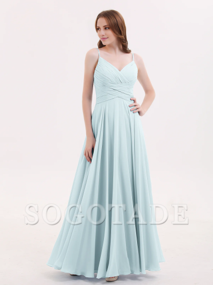 V-neck Fine Shoulder Strap Floor Length Chiffon Bridesmaid Dresses Online