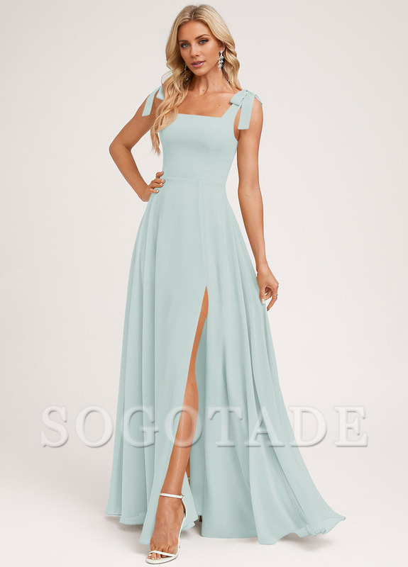 A-shaped square bow landing chiffon bridesmaid dress