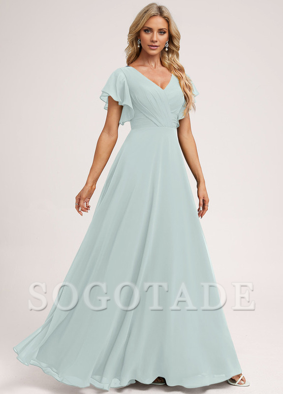 Ruffle A-line V-neck and floor chiffon bridesmaid dress