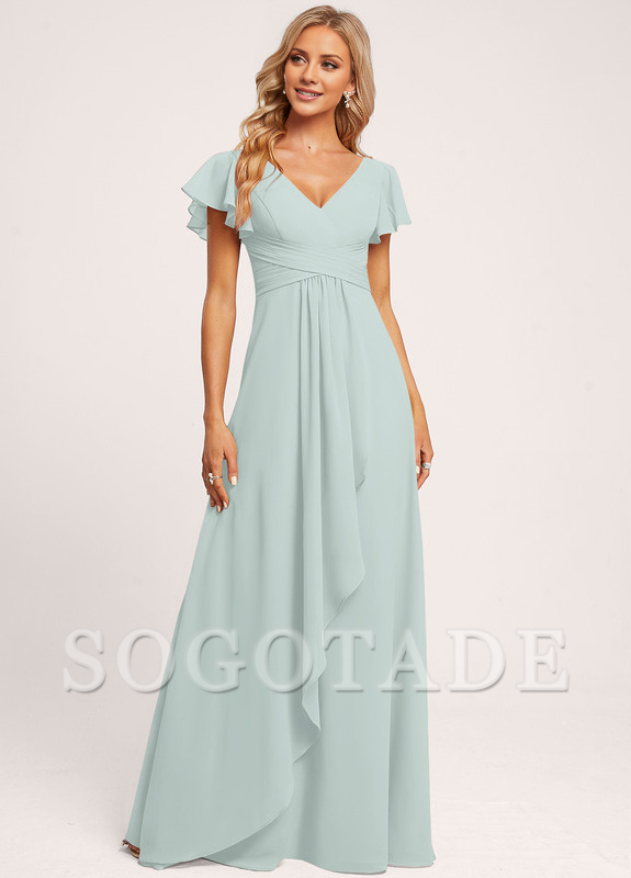 Ruffle A-line V-neck and floor chiffon bridesmaid dress