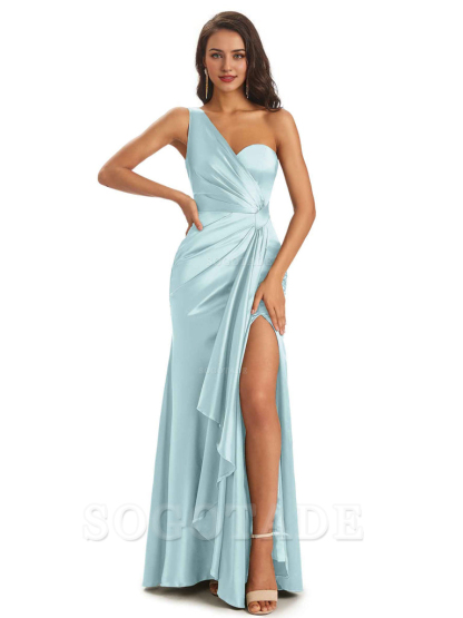 Elegant Soft Satin Side Slit One Shoulder Unique Mermaid Bridesmaid Dresses Online prom dresses shops