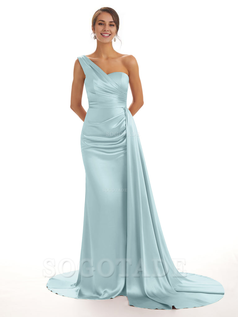 Elegant One Shoulder Soft Satin Unique Mermaid Long Bridesmaid Dresses Online prom dresses shops