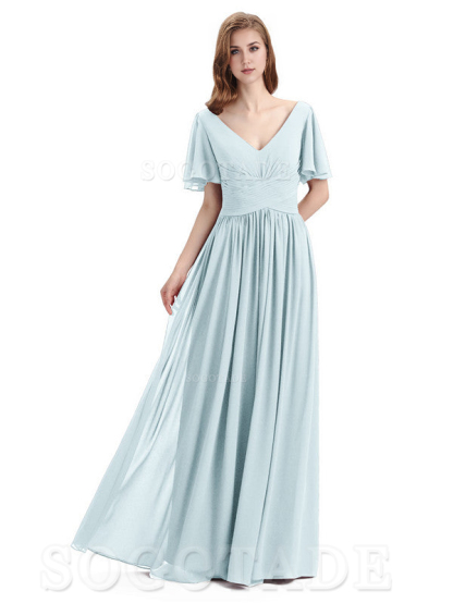 A-Line Chiffon Short Sleeves Elegant Floor-Length Bridesmaid Dresses Formal Women's Dresses Wedding Guests Dresses