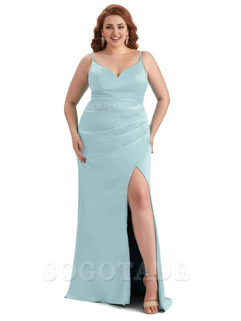 Sexy Side Slit Spaghetti Straps Mermaid Soft Satin Long Plus Size Maid of Honor Dresses