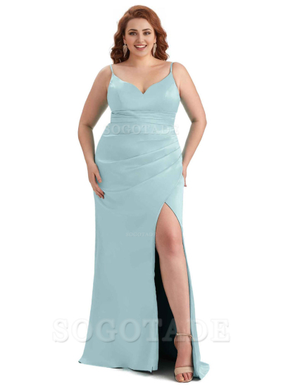 Sexy Side Slit Spaghetti Straps Mermaid Soft Satin Long Plus Size Maid of Honor Dresses