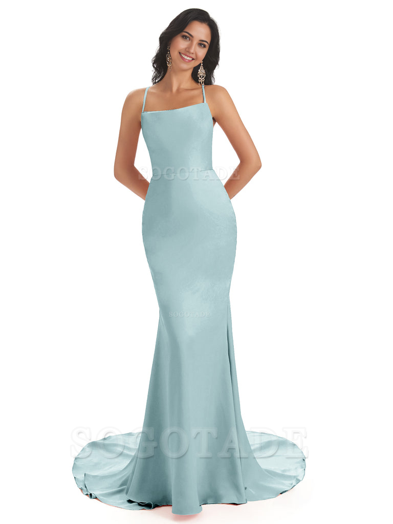 Mermaid Spaghetti Backless Straps Satin Long formal dresses evening gown Bridesmaid Dresses