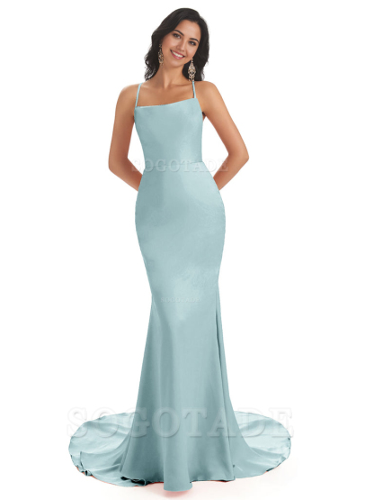 Mermaid Spaghetti Backless Straps Satin Long formal dresses evening gown Bridesmaid Dresses