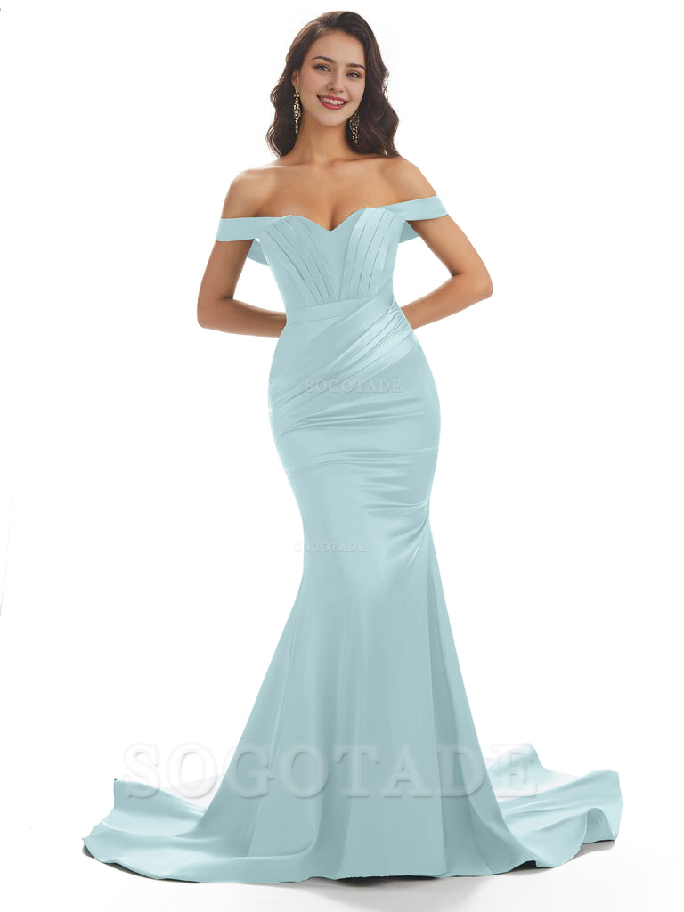 Sexy Mermaid Off The Shoulder Floor-Length Long Soft Satin Bridesmaid Dresses Online prom shop dresses