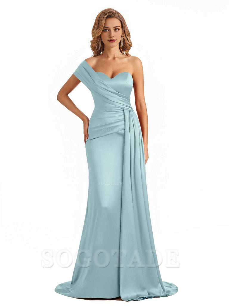 Elegant One Shoulder Soft Satin Long Mermaid Bridesmaid Dresses Online prom shop dresses ﻿