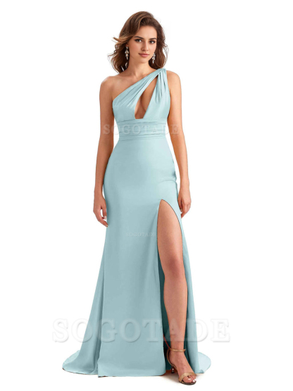 Charming Sexy Unique Side Slit Mermaid Silky One Shoulder Long Bridesmaid Dresses Formal Women's Dresses Wedding Guests Dresses