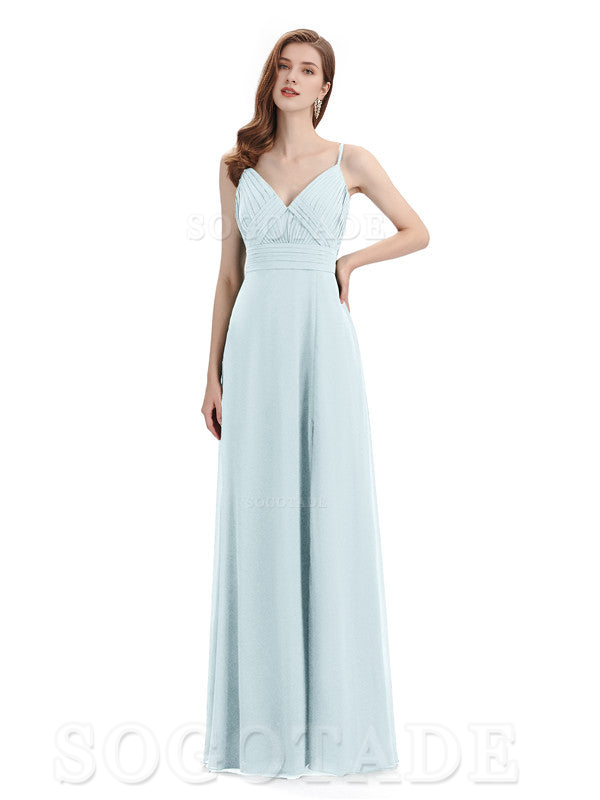 Chiffon V-Neck Spaghetti Strap Floor-Length Side Fork Long Bridesmaid Dresses Formal Women's Dresses Wedding Guests Dresses
