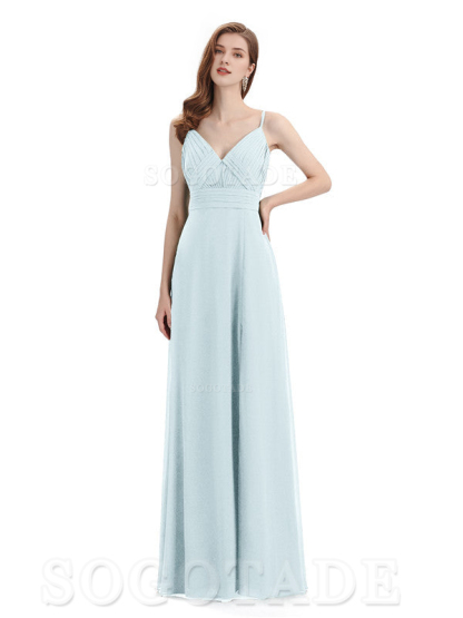 Chiffon V-Neck Spaghetti Strap Floor-Length Side Fork Long Bridesmaid Dresses Formal Women's Dresses Wedding Guests Dresses