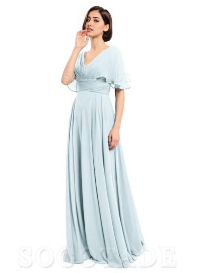  V-Neck Cap Sleeves Sleeves Chiffon Long Elegant Bridesmaid Dresses Formal Wear Dresses