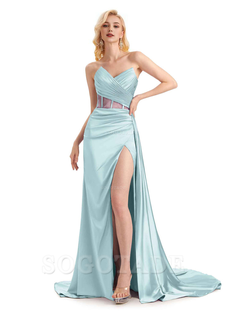 Sexy Soft Satin Side Slit See Through Floor-Length Long Mermaid Bridesmaid Dresses prom shop dresses