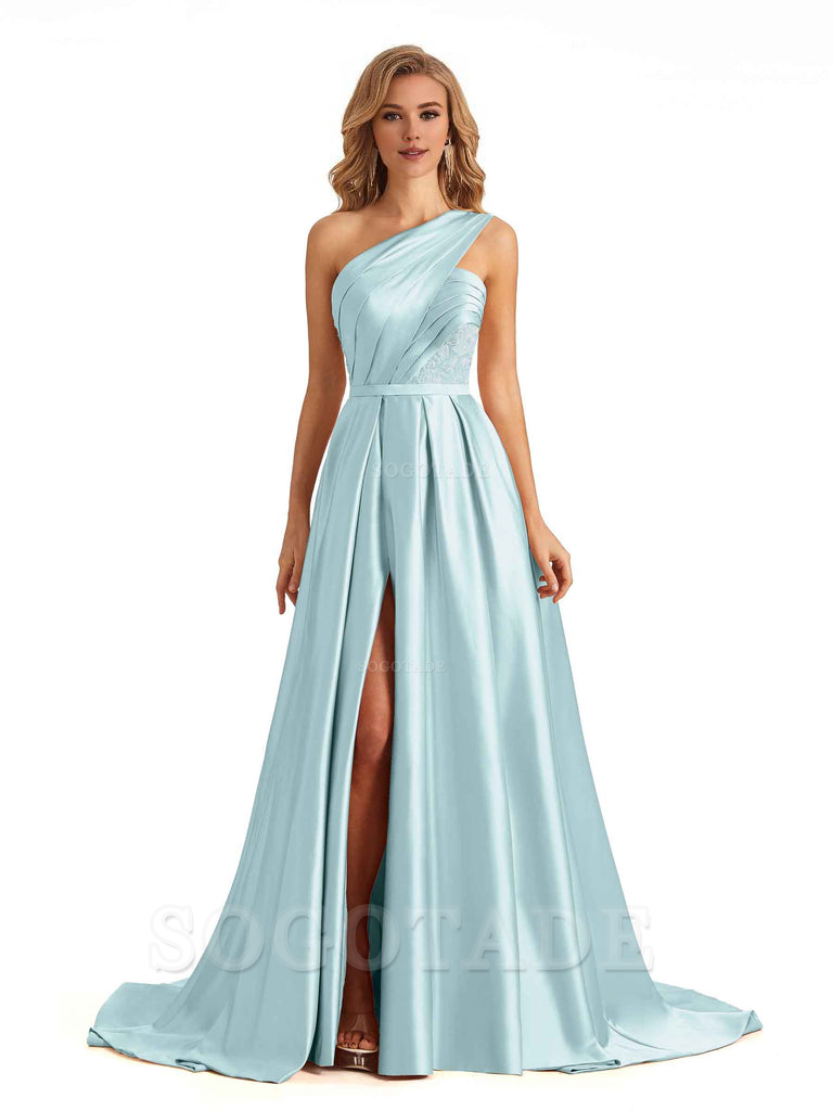 Sexy Side Slit One Shoulder A-Line Soft Satin Long Bridesmaid Dresses Online prom dress in store