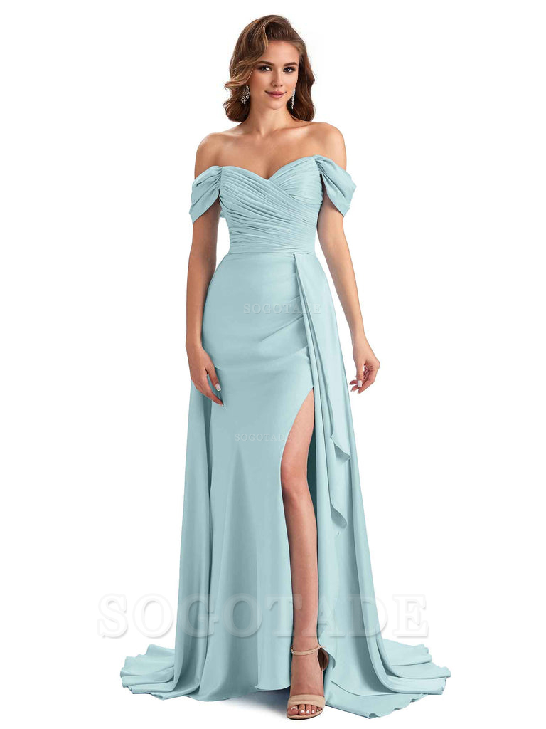 Sexy Side Slit Mermaid Soft Satin Off The Shoulder Long Unique Bridesmaid Dresses prom dress in store