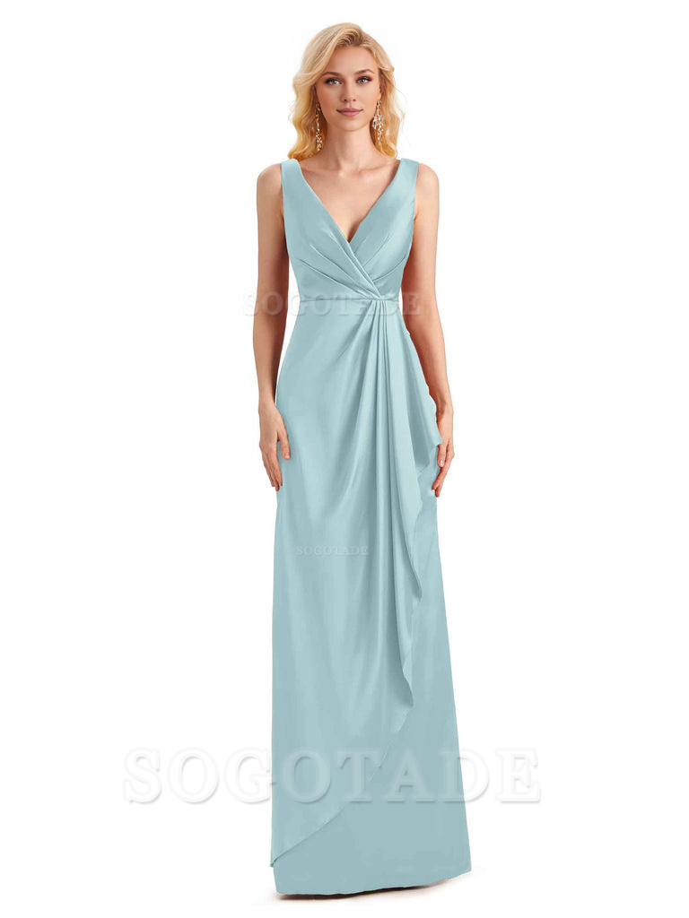 V Neck Elegant Soft Satin Formal Long Maid Bridesmaid Dresses Formal Wear Dresses