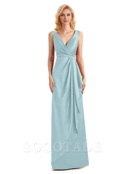 V Neck Elegant Soft Satin Formal Long Maid Bridesmaid Dresses Formal Wear Dresses