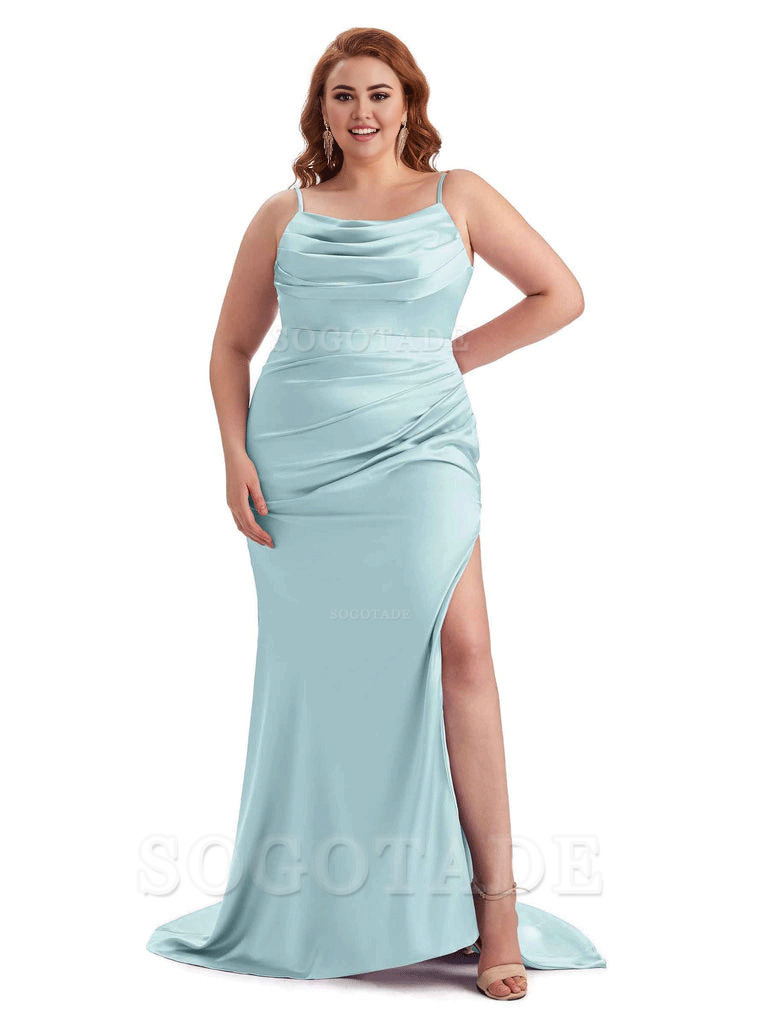 Sexy Jewel Side Slit Mermaid Soft Satin Long Plus Size Bridesmaid Dress For Wedding