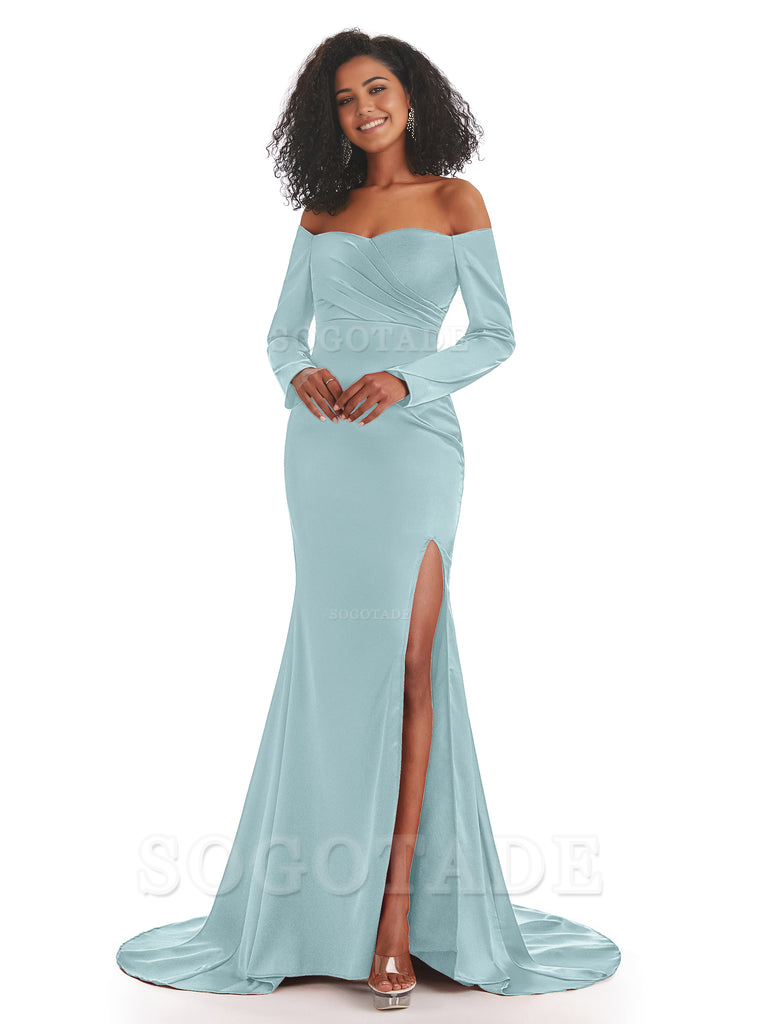 Mermaid Long Sleeve Satin formal dresses evening gown Bridesmaid Dresses With Side Slit 