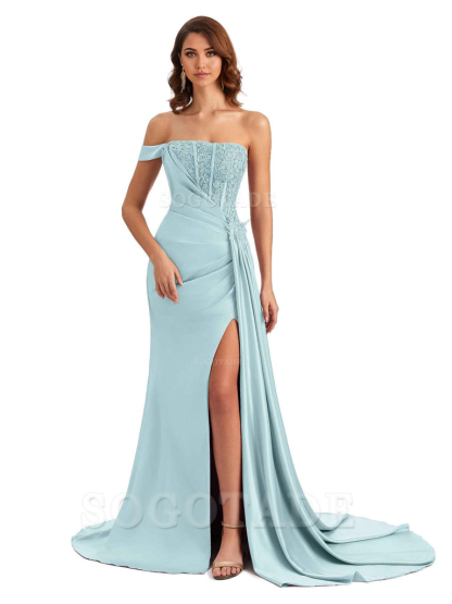 Mermaid Off Shoulder Applique formal dresses evening gown Bridesmaid Dresses With Side Slit 