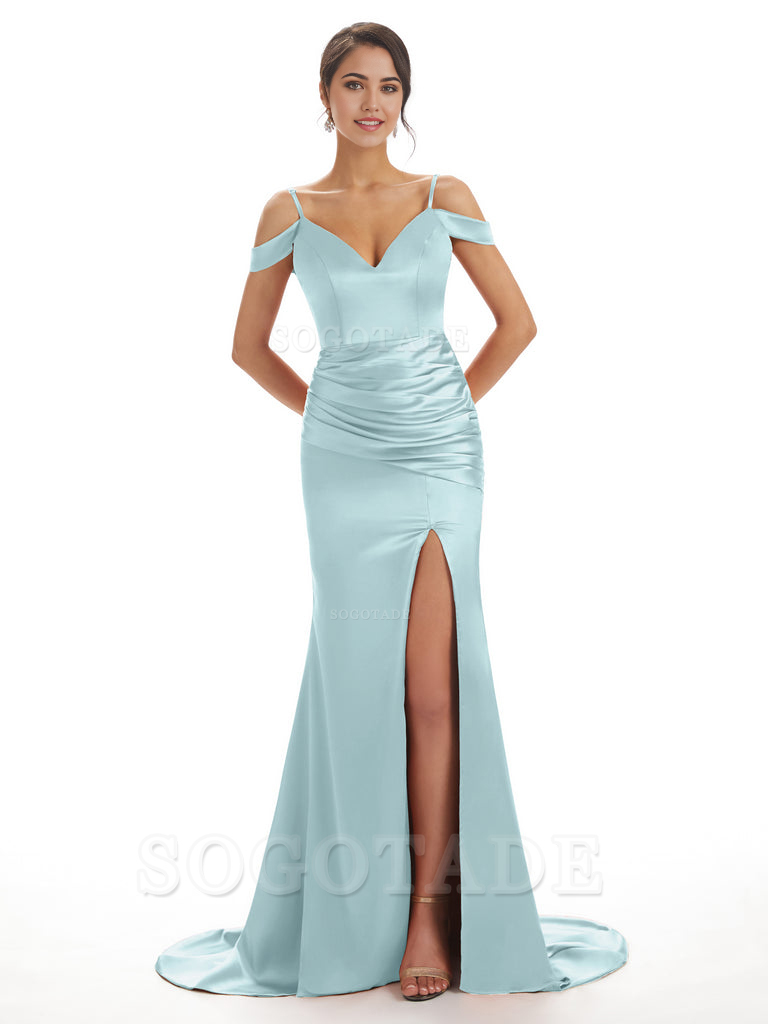 Mermaid Off The Shoulder Satin formal dresses evening gown Bridesmaid Dresses With Side Slit 