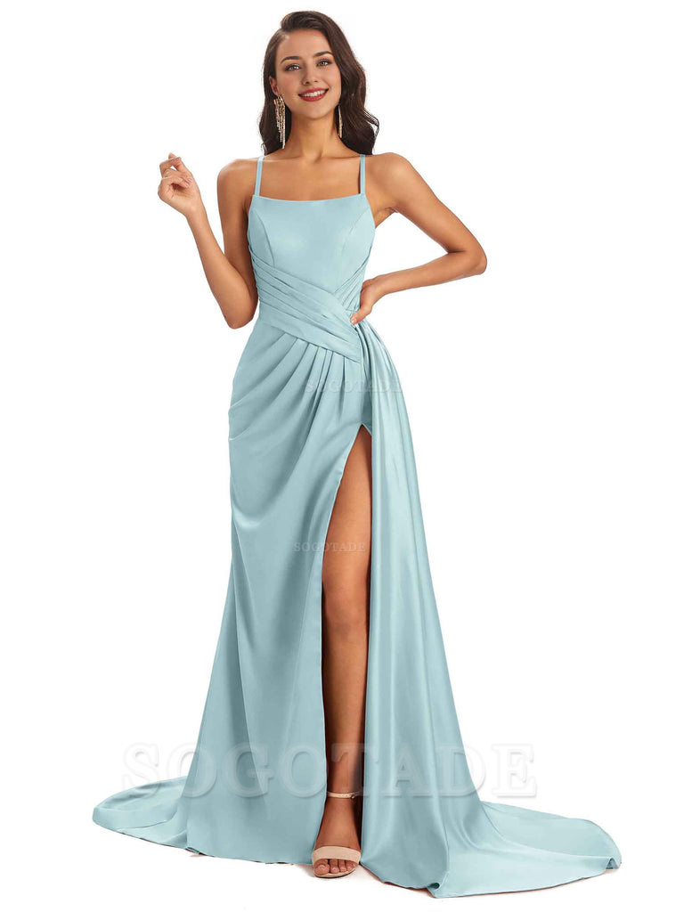 Sexy Soft Satin Side Slit Spaghetti Straps Long Maxi Bridesmaid Dresses prom shop dresses
