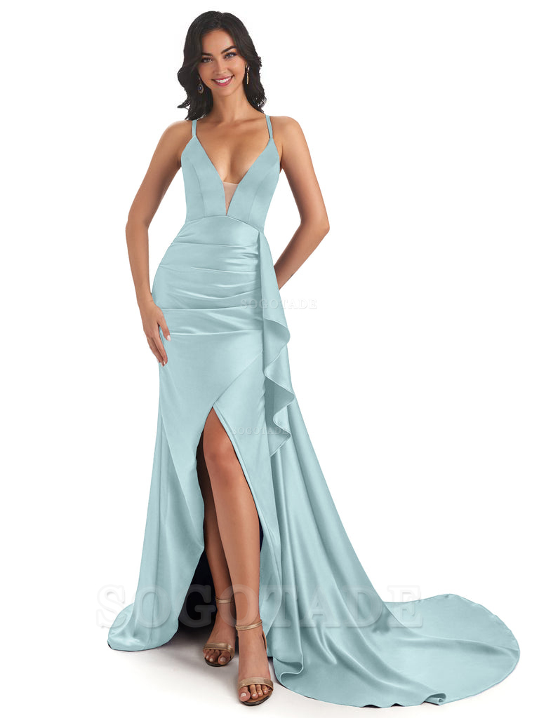 Sexy Spaghetti Straps Soft Satin Side Slit Pleats Unique Mermaid Bridesmaid Dresses prom shop dresses ﻿