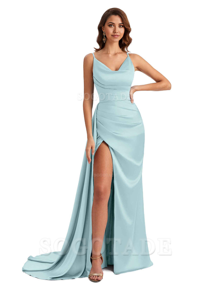 Mermaid Cowl Spaghetti Satin formal dresses evening gown Bridesmaid Dresses With Side Slit