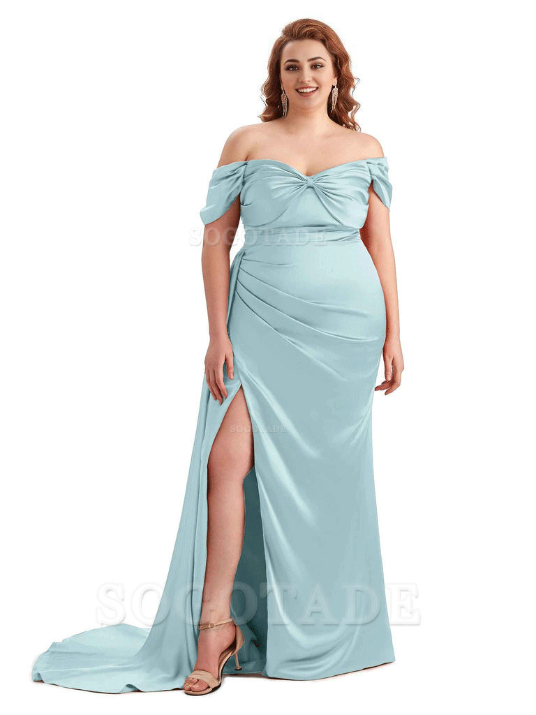  Sexy Side Slit Off The Shoulder Mermaid Soft Satin Long Plus Size Bridesmaid Dress For Wedding