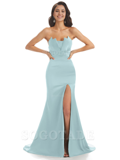 Mermaid sleeveless Satin formal dresses evening gown Bridesmaid Dresses With Side Slit 