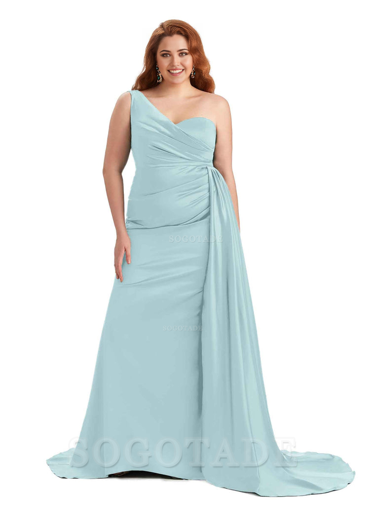 Sexy One Shoulder Sleeveless Mermaid Soft Satin Long Plus Size With Train Bridesmaid Gowns