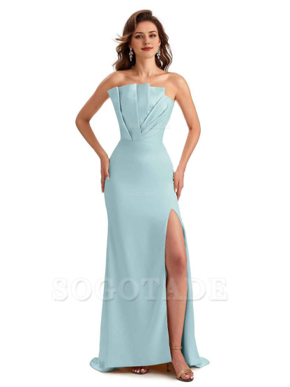 Unique Soft Satin Side Slit Asymmetrical Neckline Mermaid Long Bridesmaid Dresses
