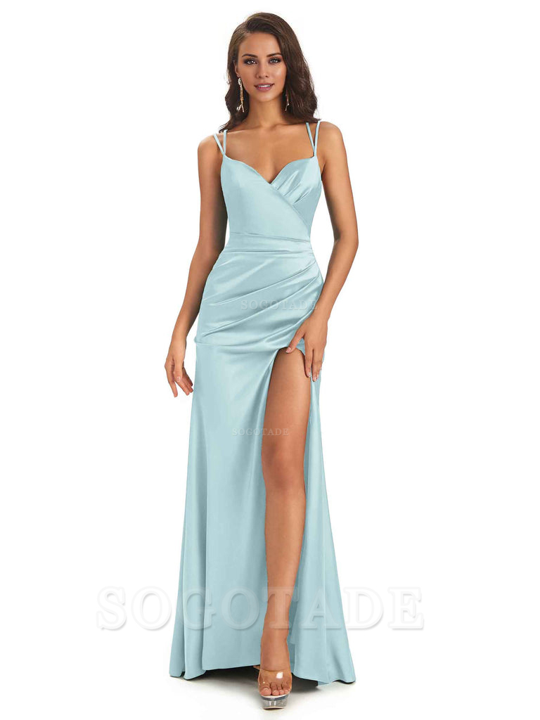 Sexy Soft Satin Side Slit Spaghetti Straps Long Maxi Mermaid Bridesmaid Dresses Elegant Evening Party Dress