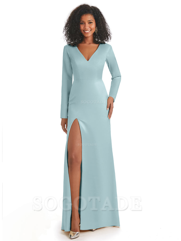 Soft Satin Side Slit Long Sleeves V-Neck Long African Mermaid Bridesmaid Dresses Elegant Evening Party Dress