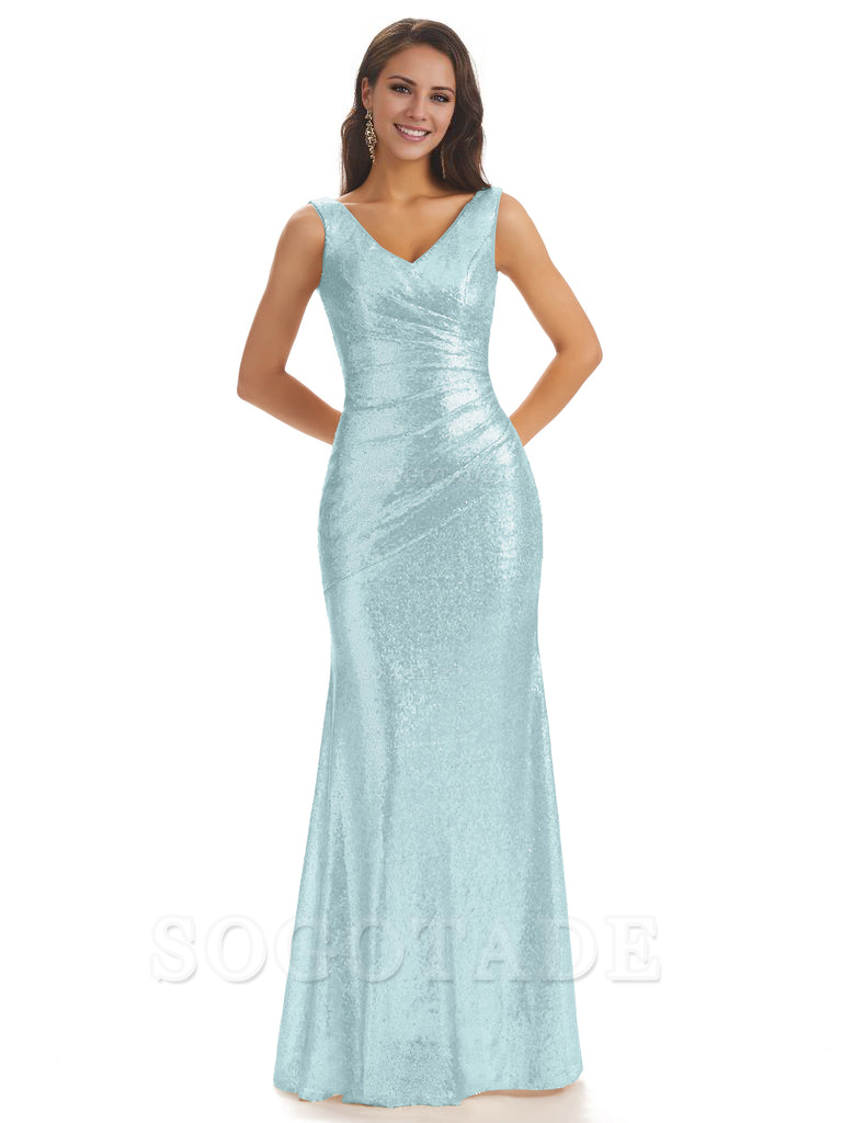 Sexy Sequin V-Neck Sparkly Long Mermaid Bridesmaid Dresses Charming Evening Party Dress