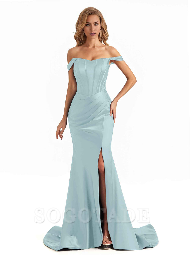 Sexy Long Mermaid Bridesmaid Dresses Off The Shoulder with Side Slit Satin Elegant Evening Party Dress 