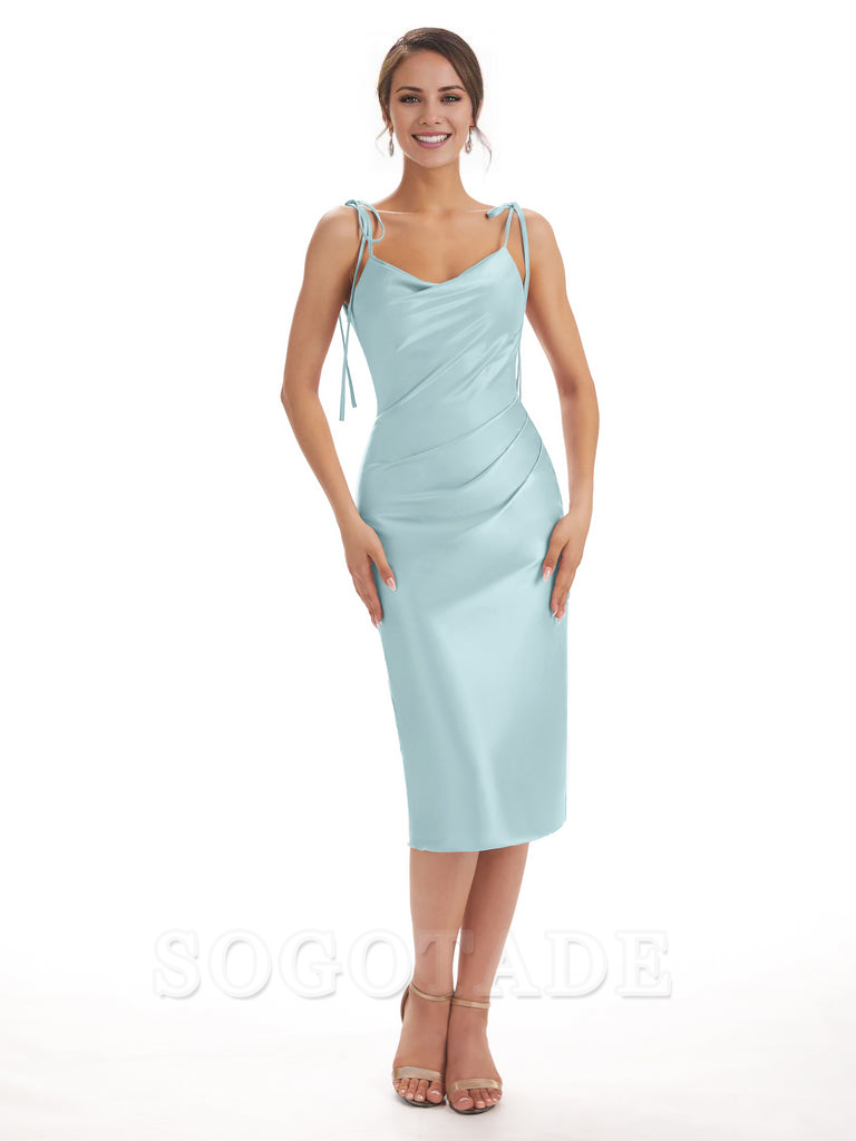 Tea Length Midi Short Bridesmaid Dresses Spaghetti Straps Satin Elegant Evening Party Dress