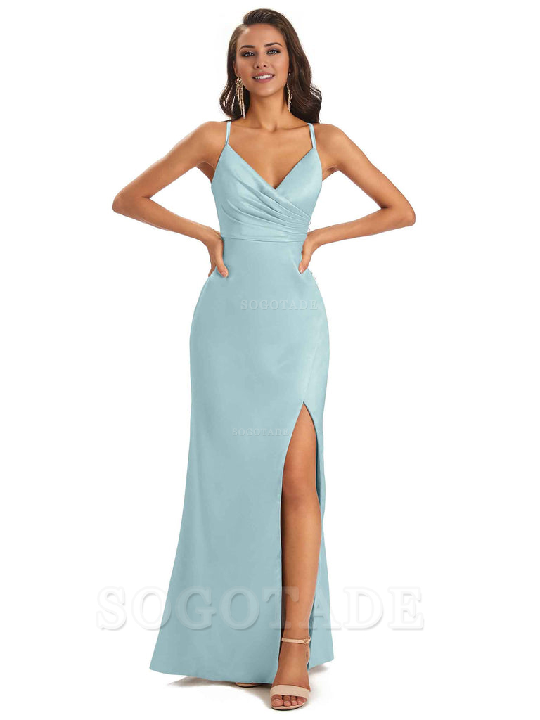 Soft Satin Side Slit Spaghetti Straps Long Unique Mermaid Bridesmaid Dresses Elegant Evening Party Dress