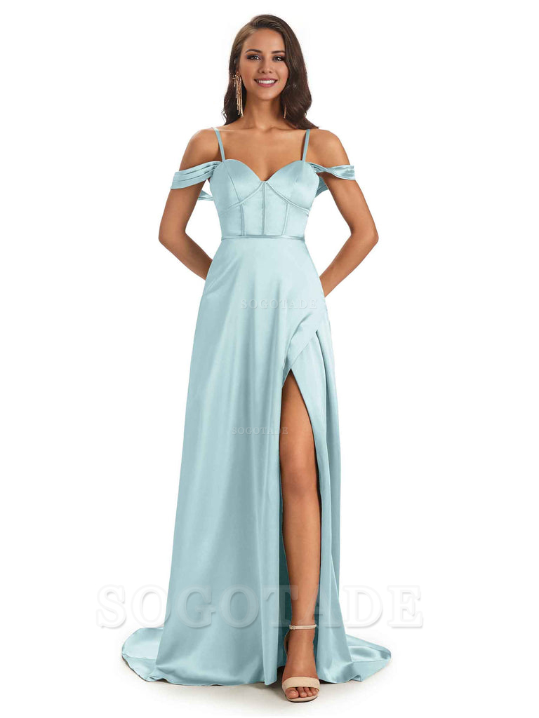 Stylish Soft Satin Side Slit Spaghetti Straps Bridesmaid Dresses Elegant Evening Party Dress