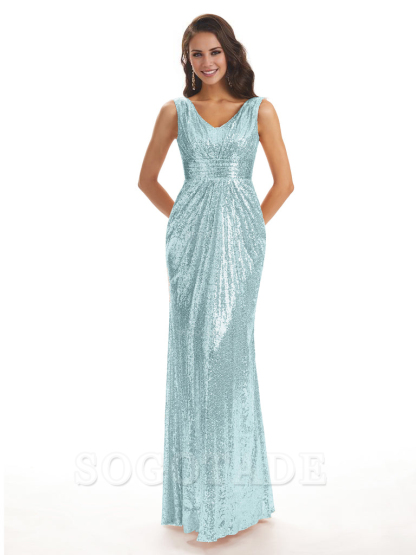 Sparkly V-Neck Sequin Long Mermaid Bridesmaid Dresses Sleeveless Charming Evening Party Dress