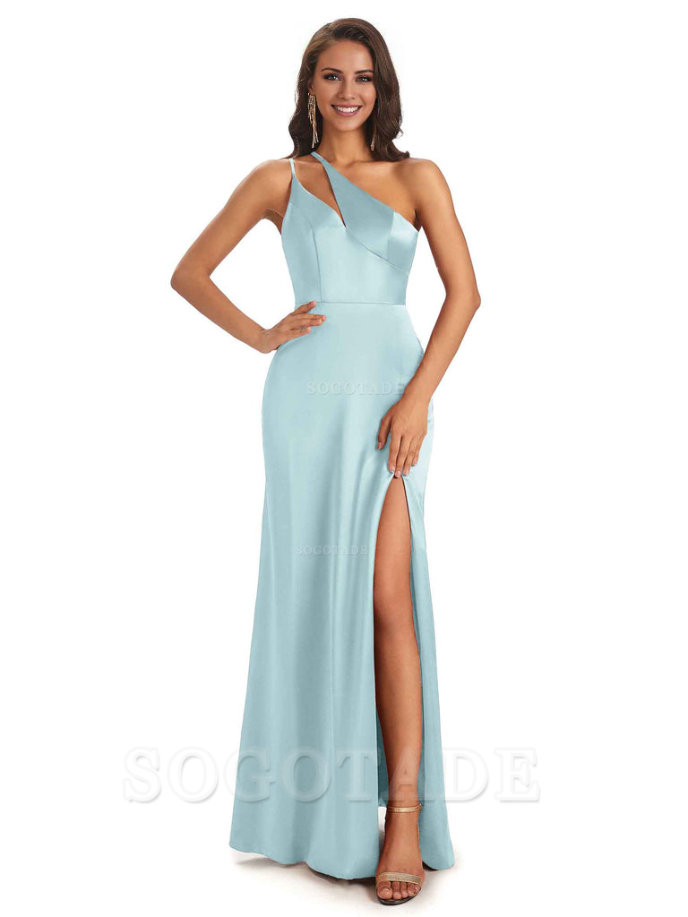 Sexy Soft Satin Side Slit One Shoulder Floor-Length Mermaid Long Bridesmaid Dresses Elegant Evening Party Dress