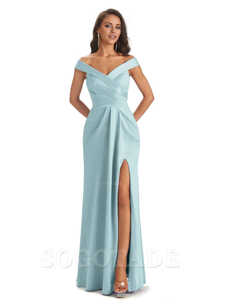 Sexy Soft Side Slit Off Shoulder V-Neck Long Satin Ladies Bridesmaid Dresses Elegant Evening Party Dress