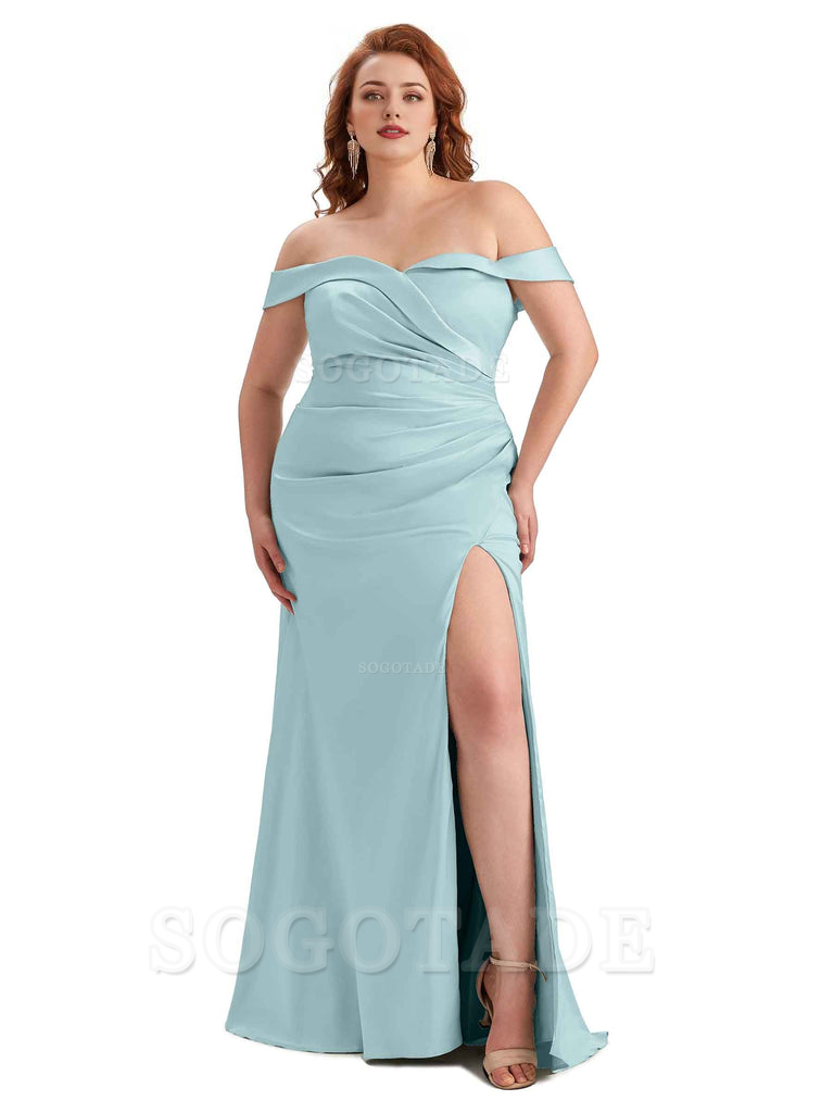 Sexy Side Slit Off Shoulder Mermaid Soft Satin Long Plus Size Bridesmaid Gowns For Wedding