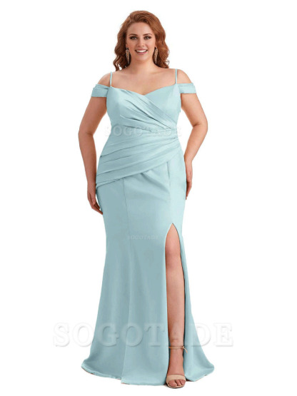 Elegant Cold Shoulder Side Slit Mermaid Soft Satin Long Plus Size Bridesmaid Gowns