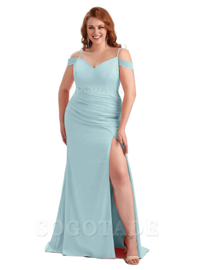 Sexy Side Slit Mermaid Cold Shoulder Soft Satin Long Plus Size Bridesmaid Dresses Online