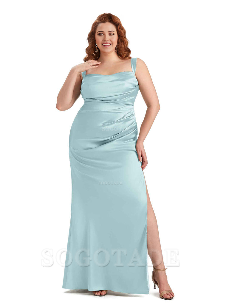 Sexy Side Slit Mermaid Wide Straps Soft Satin Long Plus Size Maid of Bridesmaid Dresses