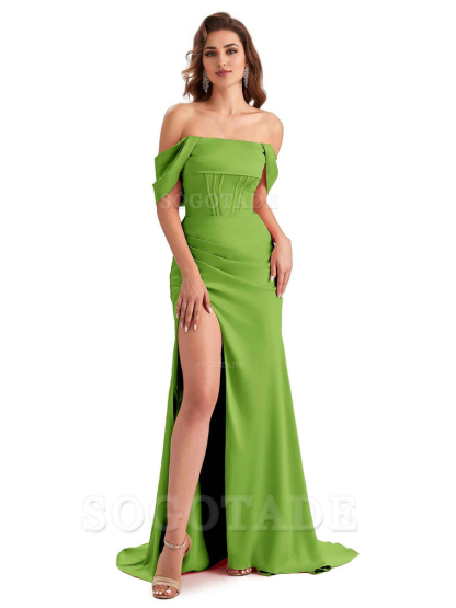 Sexy Side Slit Mermaid Soft Satin Off The Shoulder Unique Long Wedding Attendee Dresses