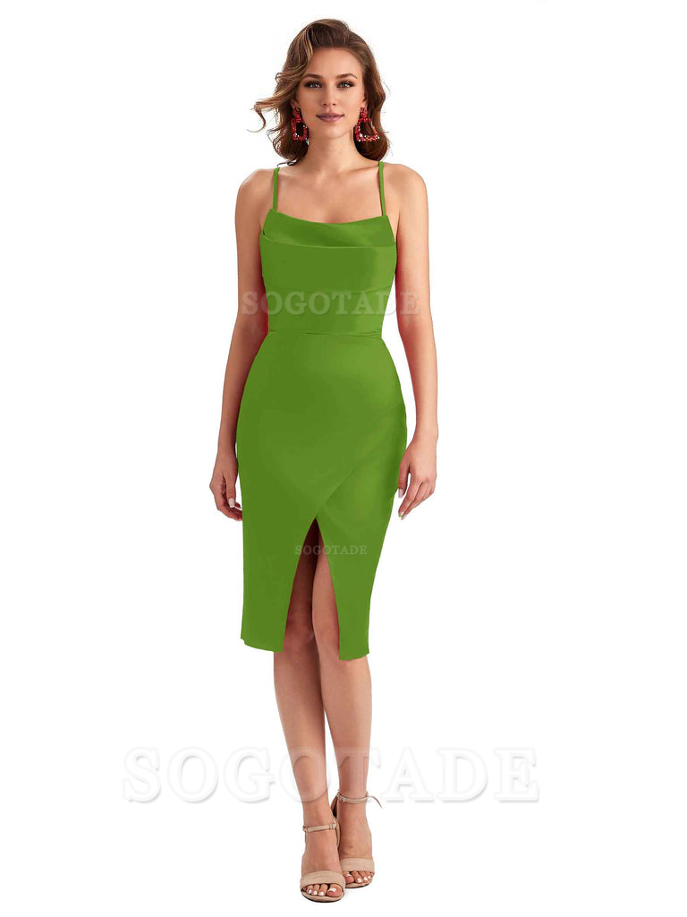 Elegant Spaghetti Straps Mermaid Soft Satin Knee Length Short Bridesmaid Dresses